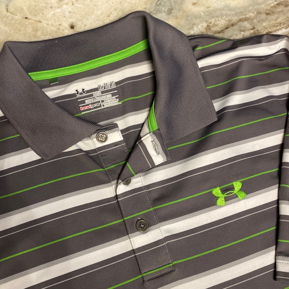 UNDER ARMOUR Size XL Gray/Green/White Stripe Performance Mens Polo Shirt Golf